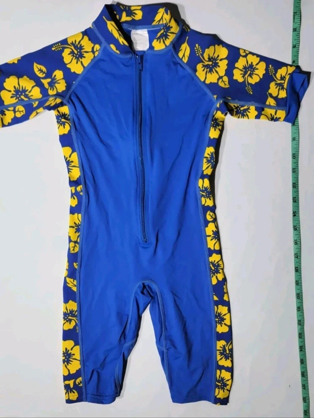 SunProtectionZone Water Sport SwimSuit RashGuard 4 Blue Yellow Hibiscus UPF 50+